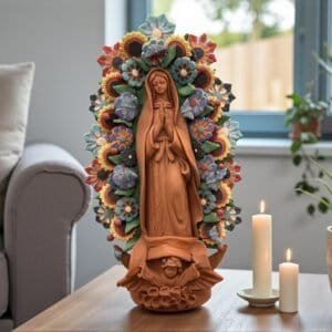 XL Handmade Clay Virgin Mary Sculpture, Mexican Folk Art, 20"