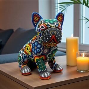 Dog Bulldog Statue Huichol Sculpture Of Mexican Folk Art, Pet Wixarika As A Mexican Decorative Figure, Made Of Resin And Beads