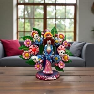 Frida Kahlo Sugar Skull Candle Holder, Tree of life, Arbol de la vida, Mexican Pottery, Metepec   4.33” High