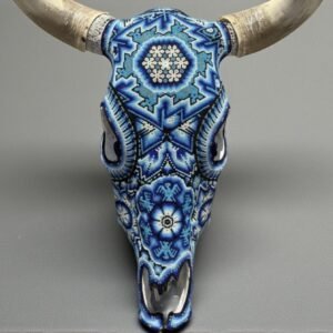 Bull Sculpture Huichol Statue Of Mexican Folk Art, Cow Wixarika As A Mexican Decorative Figure, Made Of Beads On Real Skull. “We Customize”