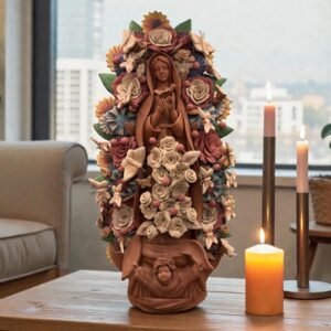XL Virgin de Guadalupe Clay Sculpture, Mexican Folk Art, 23.7"